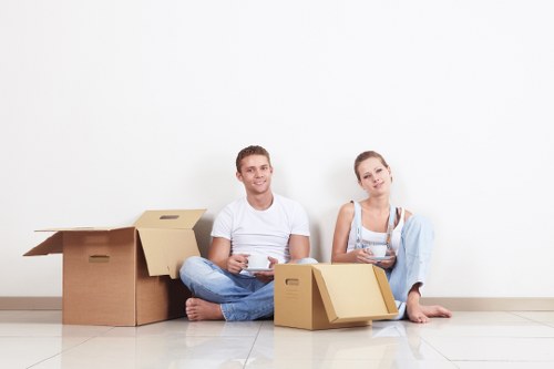 Organised storage unit with labelled boxes and household items